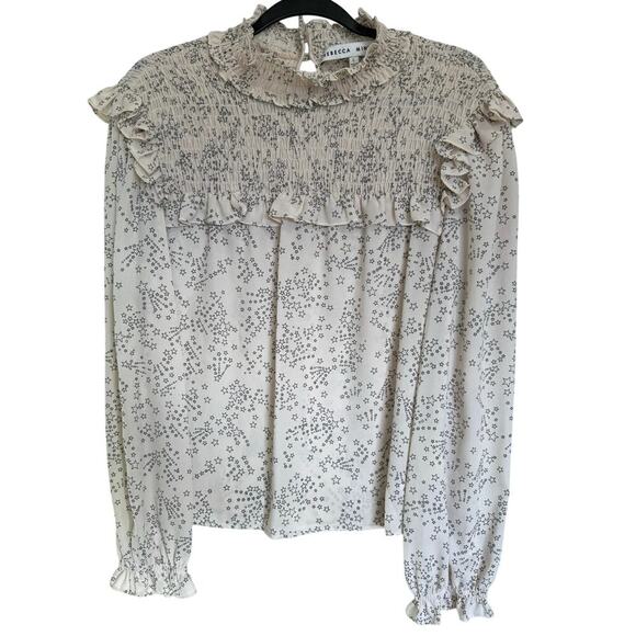 Rebecca Minkoff Sharon Smocked Ruffled Star-Print Top In Blush Pink Size Large - Picture 4 of 12